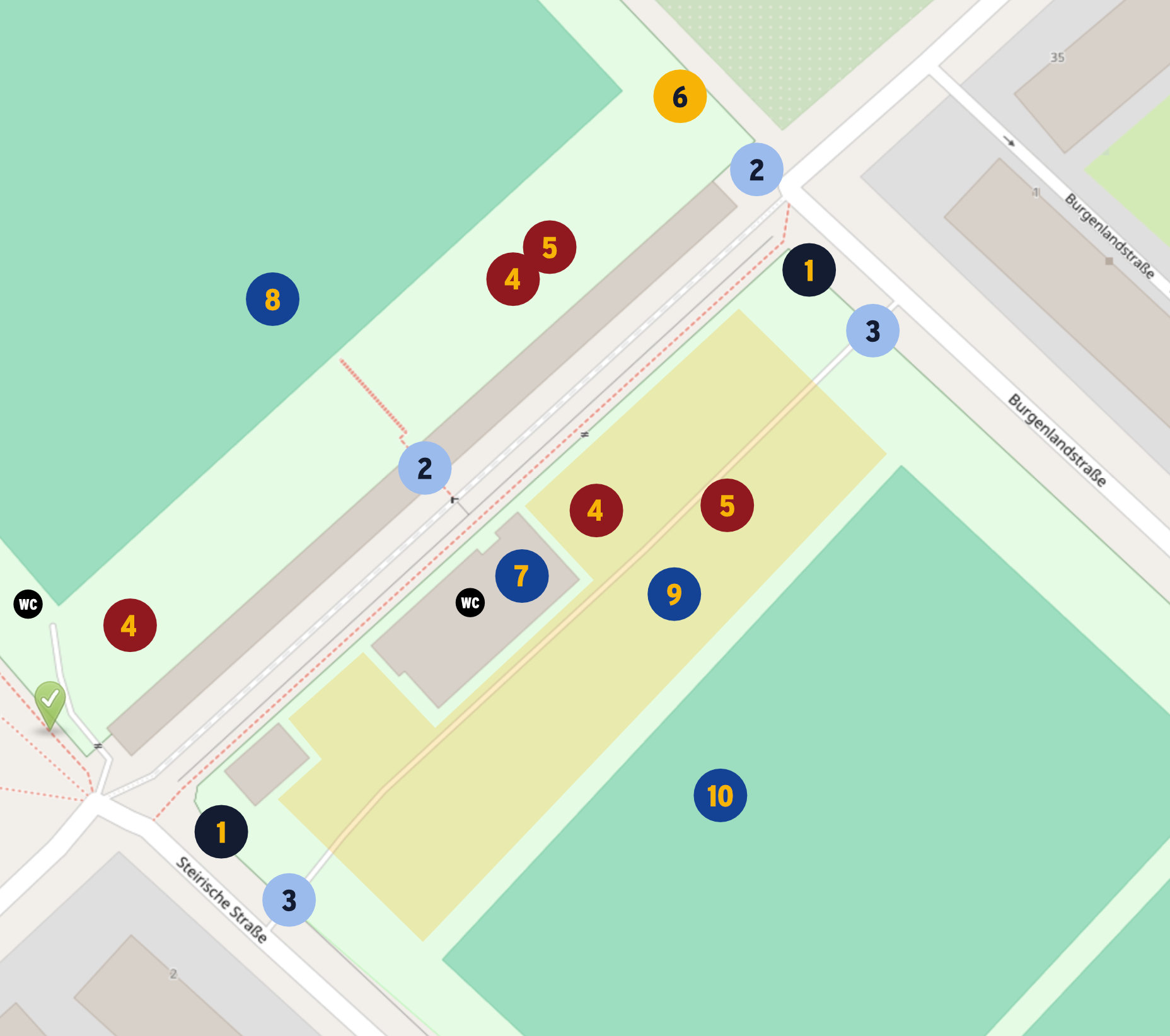 Lageplan des Vereinsgeländes mit Kassenhäuschen, Zugängen, Rasenplatz, Kunstrasenplatz, Veranstaltungsbereich und Vereinsheim